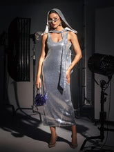 Load image into Gallery viewer, Jafna Drape Back Silver Sequin Hooded Dress
