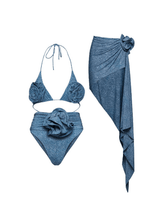 Load image into Gallery viewer, Jalise Flower Denim Bikini Three Piece Set

