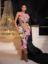 Load image into Gallery viewer, Jamshid Backless Flower Rhinestone Mesh Dress
