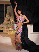 Load image into Gallery viewer, Jamshid Backless Flower Rhinestone Mesh Dress
