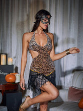 Load image into Gallery viewer, Josiah Leopard Cutout Fringe Velvet Dress
