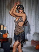 Load image into Gallery viewer, Josiah Leopard Cutout Fringe Velvet Dress
