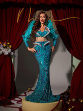 Load image into Gallery viewer, Jurin Snake Rhinestone Feather Maxi Dress
