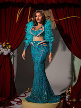 Load image into Gallery viewer, Jurin Snake Rhinestone Feather Maxi Dress
