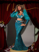Load image into Gallery viewer, Jurin Snake Rhinestone Feather Maxi Dress
