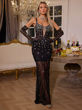 Load image into Gallery viewer, Jyler Spaghetti Rhinestone Mesh Maxi Dress
