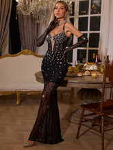 Load image into Gallery viewer, Jyler Spaghetti Rhinestone Mesh Maxi Dress
