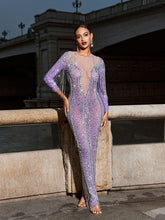 Load image into Gallery viewer, Kaede Crystal Chain Fringe Mesh Maxi Dress In Purple
