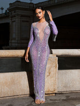 Load image into Gallery viewer, Kaede Crystal Chain Fringe Mesh Maxi Dress In Purple
