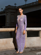 Load image into Gallery viewer, Kaede Crystal Chain Fringe Mesh Maxi Dress In Purple
