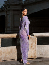 Load image into Gallery viewer, Kaede Crystal Chain Fringe Mesh Maxi Dress In Purple
