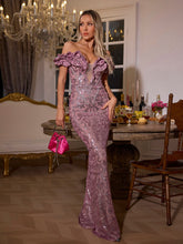 Load image into Gallery viewer, Kaprisha Off Shoulder Sequin Ruffle Maxi Dress
