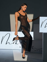 Load image into Gallery viewer, Karter Backless Embellished Mesh Maxi Dress In Black
