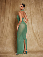 Load image into Gallery viewer, Karter Halterneck Diamond Mesh Maxi Dress In Green
