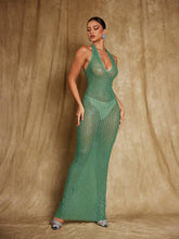 Load image into Gallery viewer, Karter Halterneck Diamond Mesh Maxi Dress In Green
