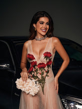 Load image into Gallery viewer, Kateri V Neck Flower Embroidered Mesh Dress
