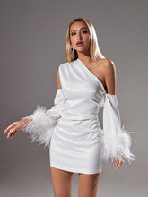 Load image into Gallery viewer, Klara Satin Feather Trimmed Mini Dress In White
