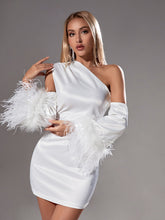 Load image into Gallery viewer, Klara Satin Feather Trimmed Mini Dress In White
