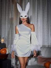 Load image into Gallery viewer, Klara Satin Feather Trimmed Mini Dress In White
