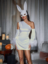 Load image into Gallery viewer, Klara Satin Feather Trimmed Mini Dress In White
