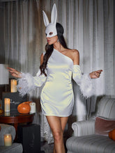 Load image into Gallery viewer, Klara Satin Feather Trimmed Mini Dress In White
