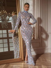 Load image into Gallery viewer, Liora Long Sleeve Sequin Crystal Maxi Dress In Silver
