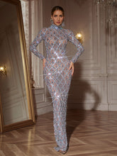 Load image into Gallery viewer, Liora Long Sleeve Sequin Crystal Maxi Dress In Silver
