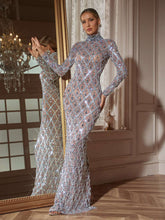 Load image into Gallery viewer, Liora Long Sleeve Sequin Crystal Maxi Dress In Silver

