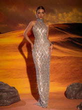Load image into Gallery viewer, Liora Sequin Crystal Maxi Dress In Light Nude
