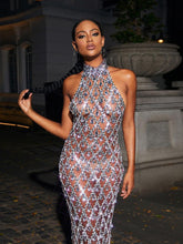 Load image into Gallery viewer, Liora Sequin Crystal Maxi Dress In Dark Nude
