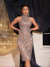 Load image into Gallery viewer, Liora Sequin Crystal Midi Dress In Light Nude
