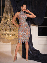 Load image into Gallery viewer, Liora Sequin Crystal Midi Dress In Light Nude
