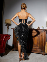 Load image into Gallery viewer, Lois Strapless Sequin Feather Trimmed Maxi Dress In Black
