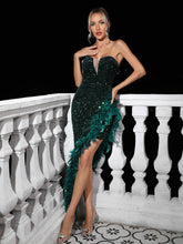 Load image into Gallery viewer, Lois Strapless Sequin Feather Trimmed Maxi Dress In Emerald
