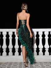Load image into Gallery viewer, Lois Strapless Sequin Feather Trimmed Maxi Dress In Emerald
