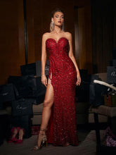 Load image into Gallery viewer, Lora Strapless Snake Embellished Split Sequin Dress
