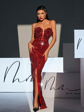 Load image into Gallery viewer, Lorelei Strapless Flower Sequin Split Dress In Wine
