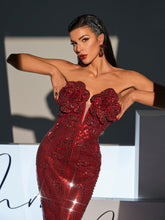 Load image into Gallery viewer, Lorelei Strapless Flower Sequin Split Dress In Wine
