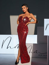 Load image into Gallery viewer, Lorelei Strapless Flower Sequin Split Dress In Wine
