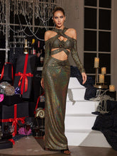 Load image into Gallery viewer, Lowen Flower Cutout Sequin Maxi Dress In Olive
