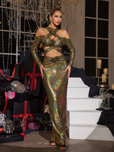 Load image into Gallery viewer, Lowen Flower Cutout Sequin Maxi Dress In Olive
