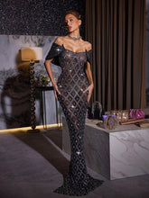 Load image into Gallery viewer, Lucca Rhinestone Mesh Maxi Dress
