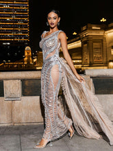 Load image into Gallery viewer, Lyda Draped Cutout Sequin Mesh Dress In Silver
