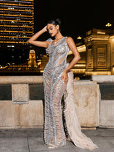 Load image into Gallery viewer, Lyda Draped Cutout Sequin Mesh Dress In Silver
