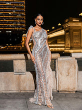 Load image into Gallery viewer, Lyda Draped Cutout Sequin Mesh Dress In Silver

