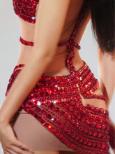 Load image into Gallery viewer, Mafalda High Neck Rhinestone Mesh Mini Dress In Red
