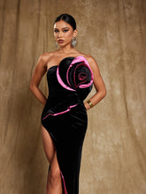 Load image into Gallery viewer, Magnus Strapless Flower Split Velvet Dress

