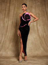 Load image into Gallery viewer, Magnus Strapless Flower Split Velvet Dress
