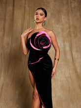 Load image into Gallery viewer, Magnus Strapless Flower Split Velvet Dress
