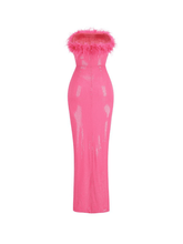Load image into Gallery viewer, Marin Strapless Feather Sequin Maxi Dress In Hot Pink

